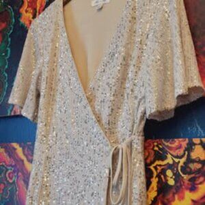 She + Sky ~ Sz Sm ~ Beige ~ Wrap Style Sequin Dress ~ NWOT ~ Cross Posted